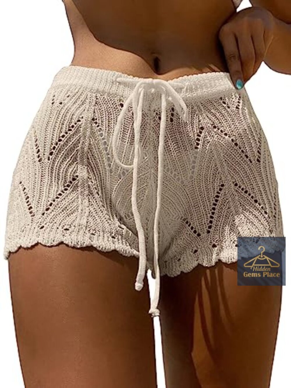 Crochet Cover Up Shorts Beach Swimwear High Waist Drawstring Knitted